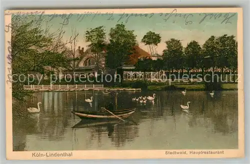 AK / Ansichtskarte Lindenthal_Koeln Hauptrestaurant im Stadtwald Schwanenteich Bootfahren Lindenthal Koeln