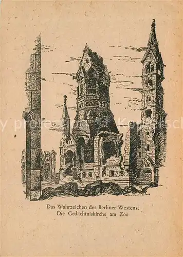 AK / Ansichtskarte Berlin Wahrzeichen des Berliner Westens Gedaechtniskirche am Zoo Zeichnung Kuenstlerkarte Berlin