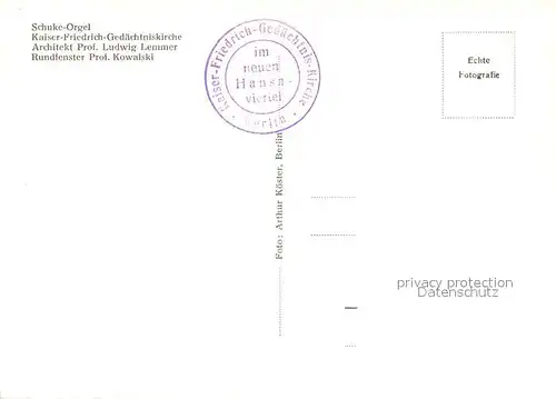 AK / Ansichtskarte Berlin Schuke Orgel Kaiser Friedrich Gedaechtniskirche Architekt Prof. Lemmer Berlin