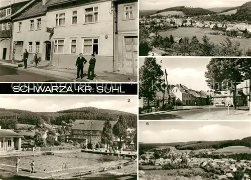 AK / Ansichtskarte Schwarza_Thueringer_Wald Konsum Gaststaette Schwimmbad Panorama Strassenpartie Schwarza_Thueringer_Wald