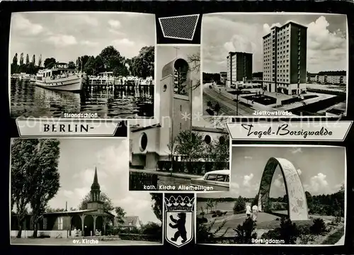 AK / Ansichtskarte Borsigwalde_Berlin Strandschloss Fahrgastschiff Zietkowstrasse Hochhaeuser Borsigdamm Kirche Borsigwalde Berlin