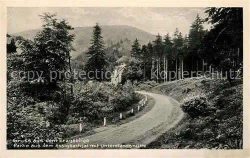 AK / Ansichtskarte Erzgebirge_Region Assigbachtal mit Unterstandshuette Erzgebirge Region