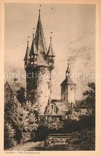 AK / Ansichtskarte Lindau_Bodensee Diebsturm Radierung J. Marschall Kuenstlerkarte Lindau Bodensee