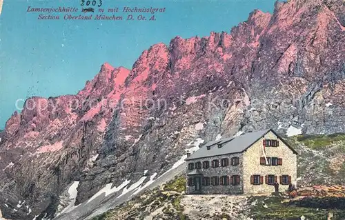 AK / Ansichtskarte Lamsenjochhuette Berghuette mit Hochnisslgrat Karwendelgebirge Photochromiekarte No 131 Lamsenjochhuette