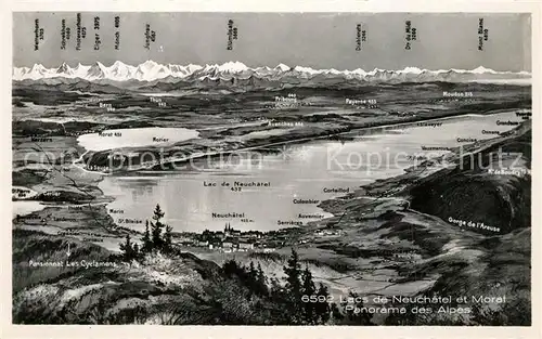AK / Ansichtskarte Neuchatel_NE Lac de Neuchatel et Morat Panorama des Alpes Kuenstlerkarte Neuchatel NE