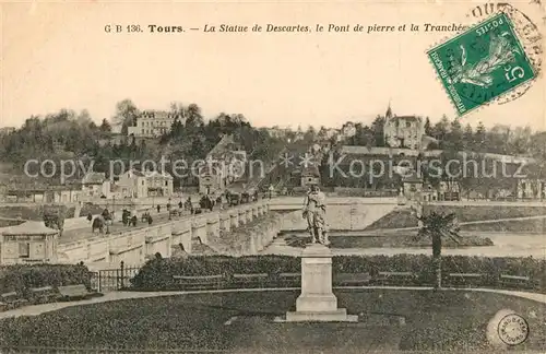 AK / Ansichtskarte Tours_Indre et Loire Statue de Descartes Pont de pierre et la Tranchee Tours Indre et Loire