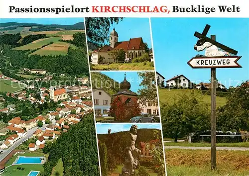 AK / Ansichtskarte Kirchschlag_Buckligen_Welt Passionsspielort Fliegeraufnahme Pfarrkirche Johanneskapelle Herkules Statue Kreuzweg Hinweisschild Kirchschlag_Buckligen