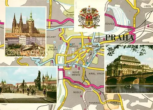 AK / Ansichtskarte Praha_Prahy_Prague Hradcany Karluv most Narodni divadlo Prager Burg Kirche Bruecke Theater Stadtplan Wappen Praha_Prahy_Prague