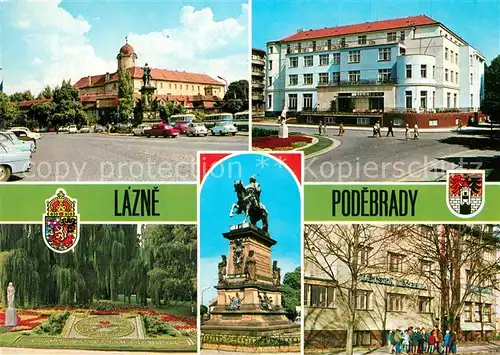 AK / Ansichtskarte Podebrady Schloss Kurhaus Blumenuhr Statue Koenig Georgs Kinderheilanstalt Podebrady