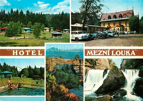 AK / Ansichtskarte Hrensko Hotel Mezni Louka Chatovy tabor Koupaliste Pravcicka brana Divoka souteska Landschaft Wasserfall Hrensko