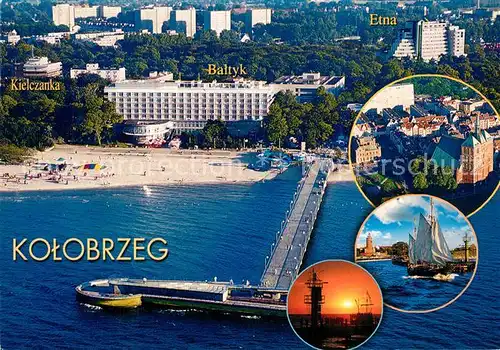 AK / Ansichtskarte Kolobrzeg_Polen Hotel Seebruecke Strand Fliegeraufnahme Segelboot Sonnenuntergang Kolobrzeg_Polen