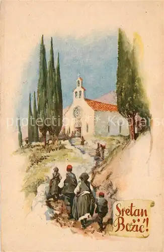 AK / Ansichtskarte Kuenstlerkarte Sretan Bozic Kirchengang 