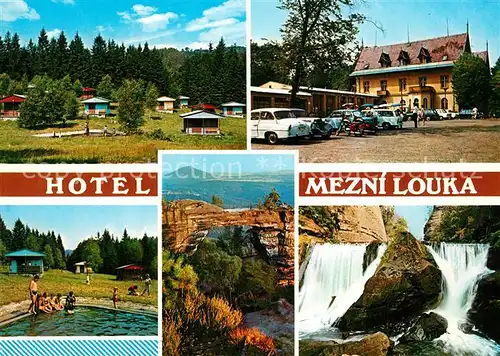 AK / Ansichtskarte Hrensko Hotel Mezni Louka Bungalows Landschaftspanorama Wasserfall Hrensko