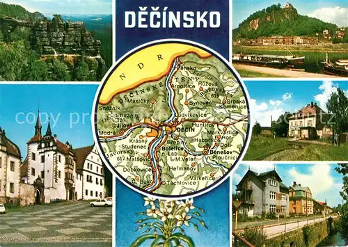 AK / Ansichtskarte Decin_Boehmen Teilansichten Elbe Landschaftspanorama Elbsandsteingebirge Landkarte Decin Boehmen