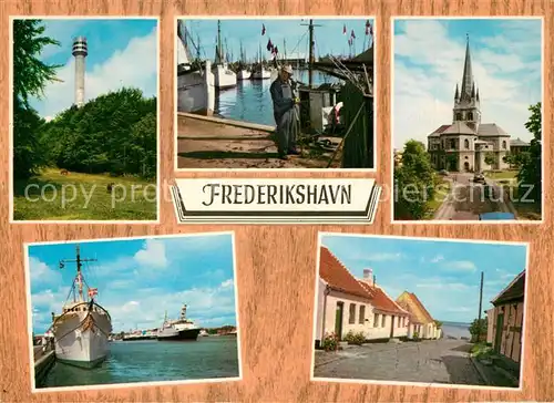 AK / Ansichtskarte Frederikshavn Cloostaarnet Havneparti Kirken Dannebrog og Peder Wessel Fiskerklyngen Frederikshavn