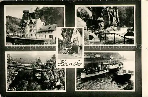 AK / Ansichtskarte Hrensko Hotel Gaststaette Elbe Dampfer Elbsandsteingebirge Felsen Wasserfall Hrensko