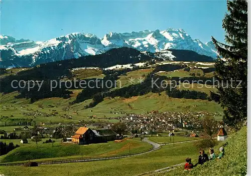 Appenzell_IR Panorama Blick auf Sollegg Klosterspitz und Saentiskette Appenzeller Alpen Appenzell IR