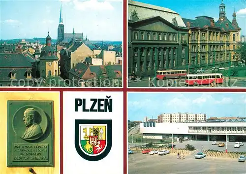 Plzen_Pilsen Stadtbild mit Kirche Gebaeude Gedenktafel Bedrich Smetana Plzen Pilsen