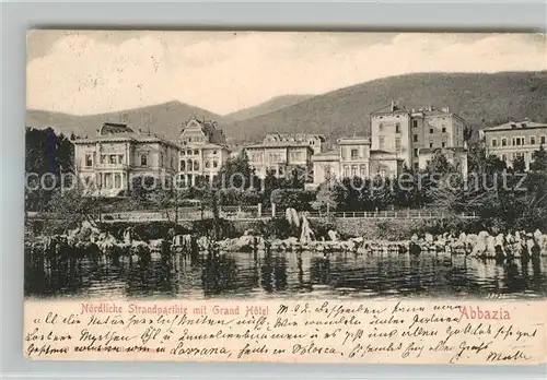 AK / Ansichtskarte Abbazia_Istrien Noerdliche Strandpartie mit Grand Hotel Abbazia_Istrien