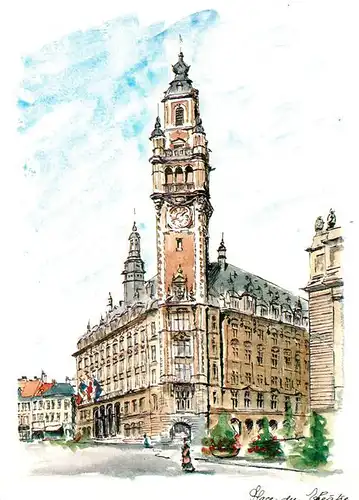Lille_Nord Place du Theatre Aquarelle de Noel Pisano Kuenstlerkarte Lille_Nord