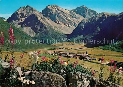 Sertig_Doerfli Panorama mit Mittagshorn Plattenhorn Hoch Ducan Walliser Alpen Sertig Doerfli