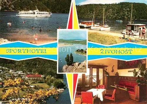 Slapske_Jezero Sporthotel Zivohost Fahrgastschiff Hausboot Landschaftspanorama Slapske_Jezero