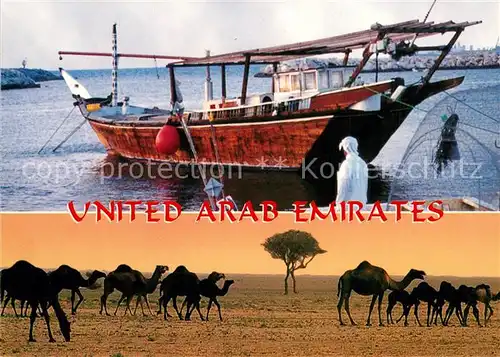 AK / Ansichtskarte Vereinigte Arabische Emirate Schiff Kamelkarawane Vereinigte Arabische Emirate