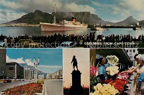 AK / Ansichtskarte Cape_Town_Kaapstad_Kapstadt Mailship leaving harbour Heerengracht Jan van Riebeeck Statue Flower sellers Cape_Town