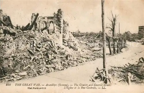 AK / Ansichtskarte Assevillers Church and Central Street Grand Guerre 1914 1916 zerst?rte H?user Assevillers