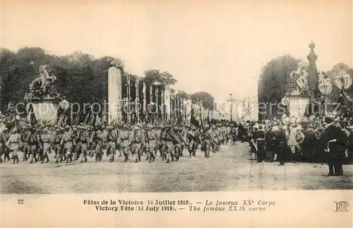 AK / Ansichtskarte Paris Fetes de la Victoire 14. Juillet 1919 Soldaten La fameux XX Corps Paris