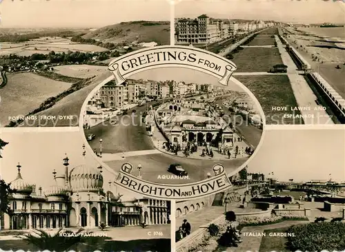 AK / Ansichtskarte Brighton_Hove Poynings from Dyke Hove Lawns and Esplanade Aquarium Royal Pavilion Italien Gardens Brighton Hove
