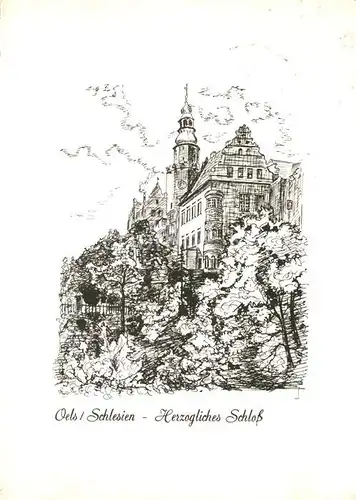 AK / Ansichtskarte Oels_Niederschlesien Herzogliches Schloss Zeichnung Kuenstlerkarte Oels_Niederschlesien