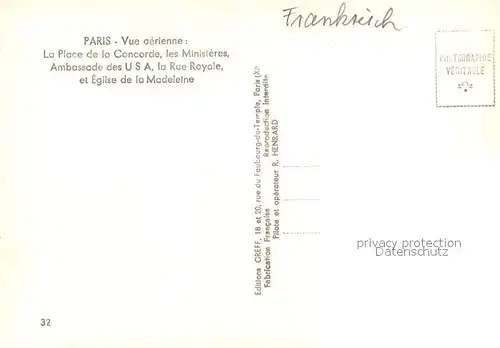 AK / Ansichtskarte Paris Fliegeraufnahme La Place de la Concorde les MInist?res Ambassade des USA Rue Royale Eglise de la Madeleine Paris