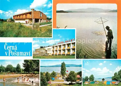 AK / Ansichtskarte Cerna_v_Posumavi Post Hotel Racek Angeln See Campingplatz Badestrand Cerna_v_Posumavi