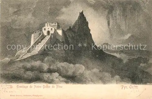 AK / Ansichtskarte Cases de Pene Ermitage de Notre Dame de Pene Pyrenees Dessin Kuenstlerkarte Cases de Pene