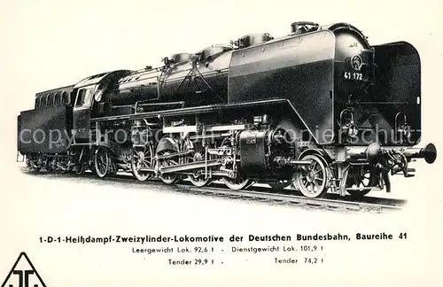AK / Ansichtskarte Lokomotive 1 D 1 Heissdampf Zweizylinder Lokomotive Deutsche Bundesbahn Baureihe 41  