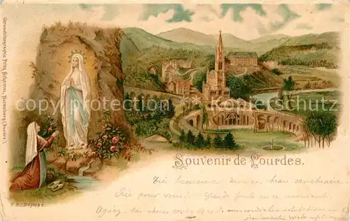 AK / Ansichtskarte Lourdes_Hautes_Pyrenees La Grotte de Massabielle Statue Basilique Litho Lourdes_Hautes_Pyrenees