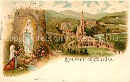 AK / Ansichtskarte Lourdes_Hautes_Pyrenees La Grotte de Massabielle Statue Basilique Litho Lourdes_Hautes_Pyrenees