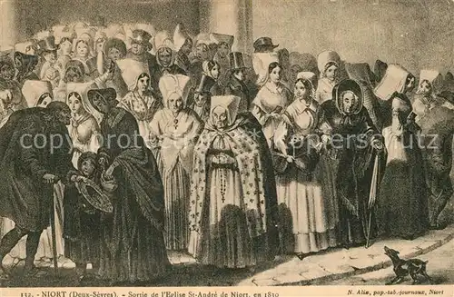 AK / Ansichtskarte Niort Sortie de l Eglise Saint Andre Dessin Kuenstlerkarte Niort