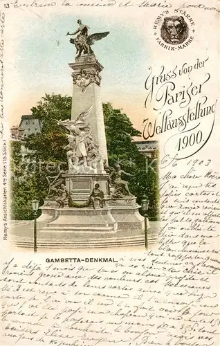 AK / Ansichtskarte Paris Gambetta Denkmal Weltausstellung Paris