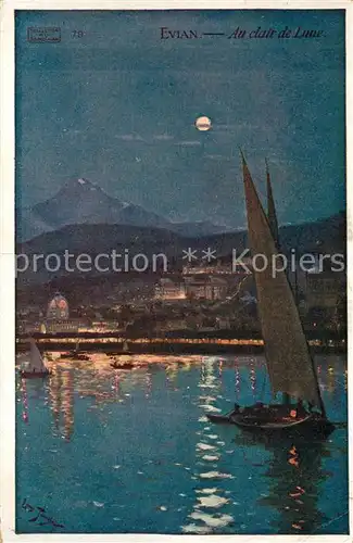 AK / Ansichtskarte Evian les Bains_Haute_Savoie au clair de lune Lac Leman Dessin Kuenstlerkarte Evian les Bains_Haute