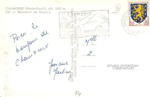 AK / Ansichtskarte Chamonix Monument de Saussure Statue Chamonix