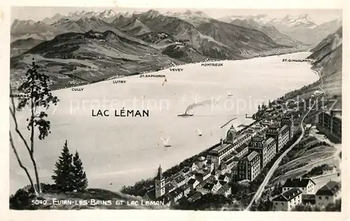 AK / Ansichtskarte Evian les Bains_Haute_Savoie Lac Leman et les Alpes a vol d oiseau Kuenstlerkarte Evian les Bains_Haute