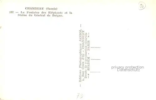 AK / Ansichtskarte Chambery_Savoie La Fontaine des Elephants et Statue du General de Boigne Chambery Savoie