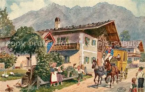 AK / Ansichtskarte Garmisch Partenkirchen Ortspartie mit Postkutsche K?nstlerkarte Garmisch Partenkirchen