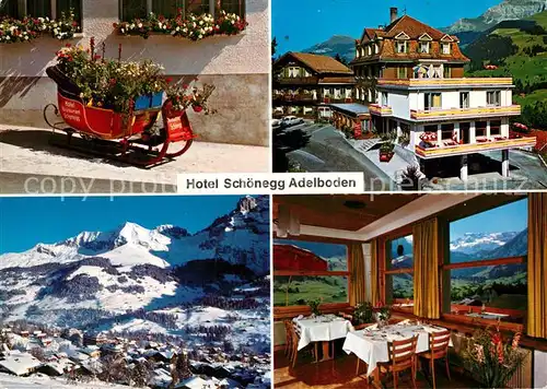 AK / Ansichtskarte Adelboden Hotel Restaurant Schoenegg Panorama Gaststube Blumenschlitten Adelboden
