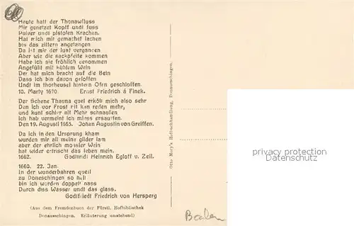 AK / Ansichtskarte Donaueschingen Donauquell Einfassung Donaubaechlein Chronik Gedicht Donaueschingen