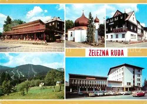 AK / Ansichtskarte Zelezna_Ruda_Markt_Eisenstein okres Klatovy Expresso Kostel Pomocne Restaurace Slavia Hotel Javor Zelezna_Ruda