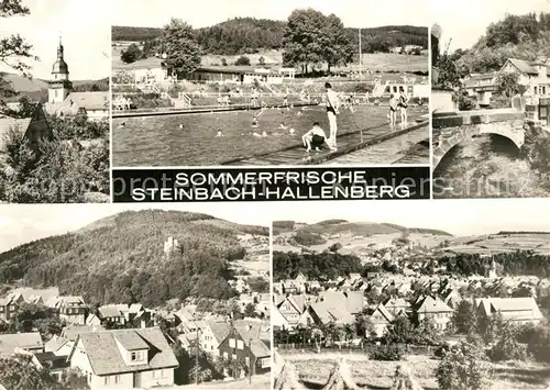 AK / Ansichtskarte Steinbach_Hallenberg Kirche Freibad Ortspanorama Steinbach_Hallenberg