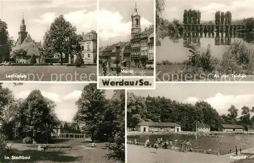 AK / Ansichtskarte Werdau_Sachsen Leninplatz Markt An den Teichen Im Stadtbad Freibad Werdau Sachsen